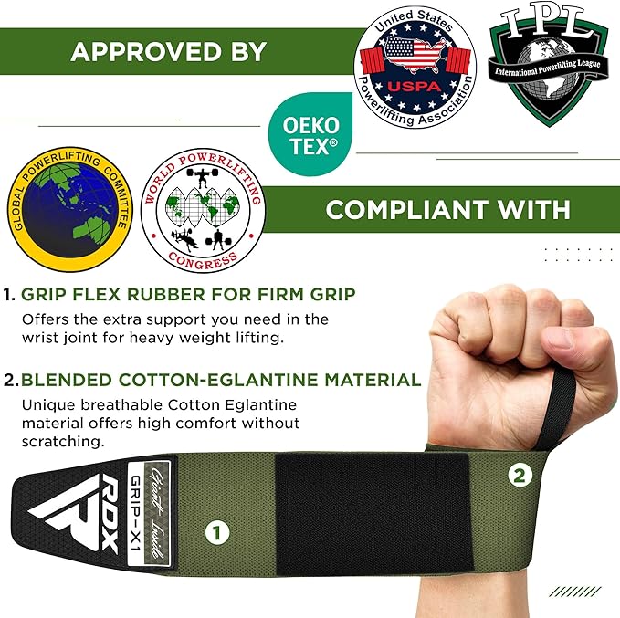 RDX W3 IPL USPA Approved Powerlifting Wrist Support Wraps with Thumb Loops OEKO-TEX® Standard 100 certified#color_army-green