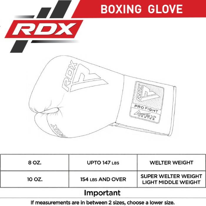 RDX PF APEX Competition/Fight Lace Up Boxing Gloves Size Chart