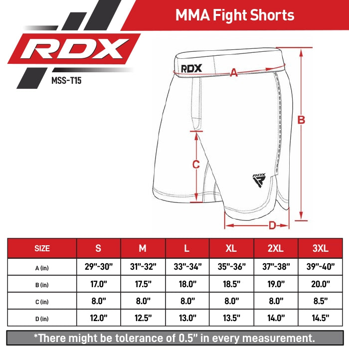 RDX T15 MMA Fight Shorts Size Chart