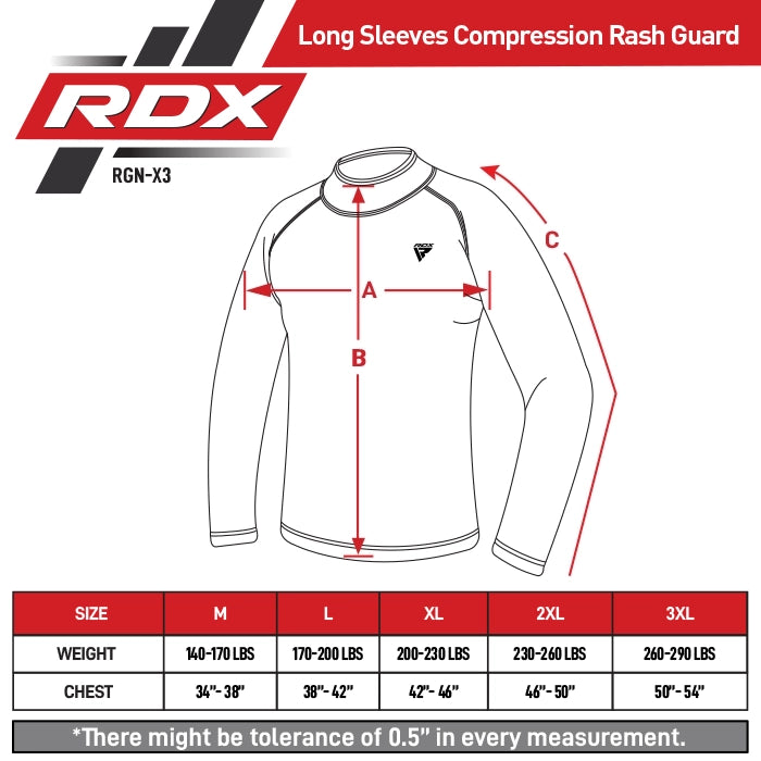 RDX X3 Long Sleeves Compression Rash Guard Size Chart