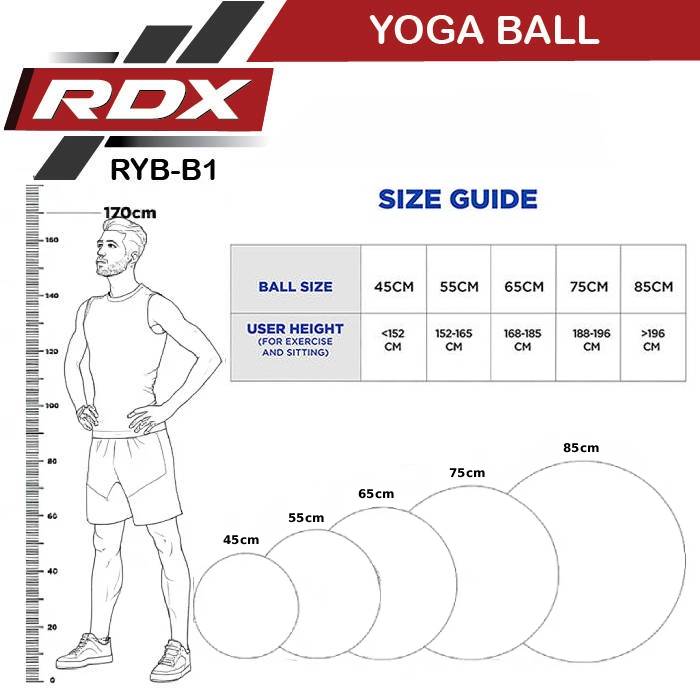 RDX B1 Inflatable Anti-Slip Yoga Ball with Portable Foot Air Pump Size Chart