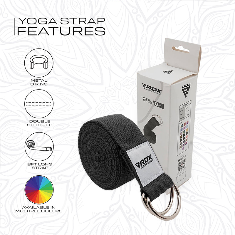 RDX P8 Non-Slip Cotton Yoga Strap with Rust Proof Steel D-Ring Buckle#color_black