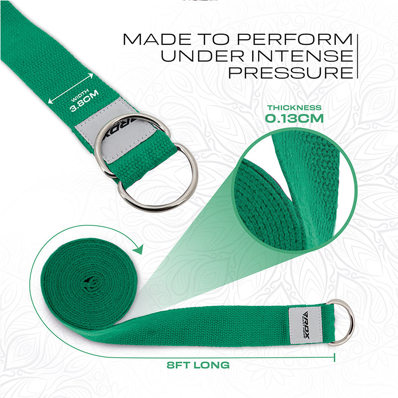 RDX P8 Non-Slip Cotton Yoga Strap with Rust Proof Steel D-Ring Buckle#color_green