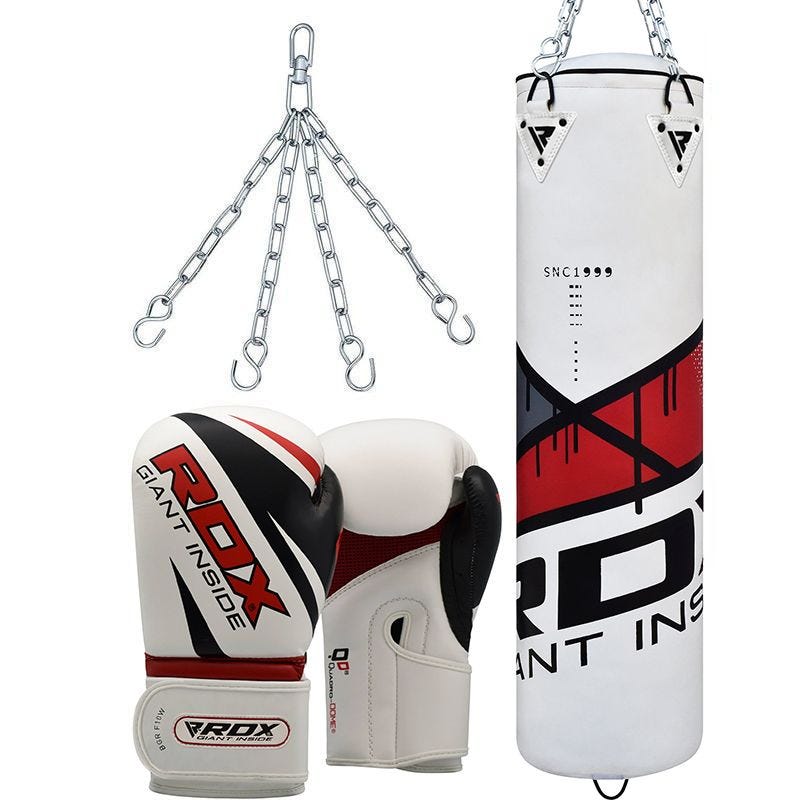 RDX F7 5ft Filled Red Punch Bag & F10 16oz White Boxing Gloves