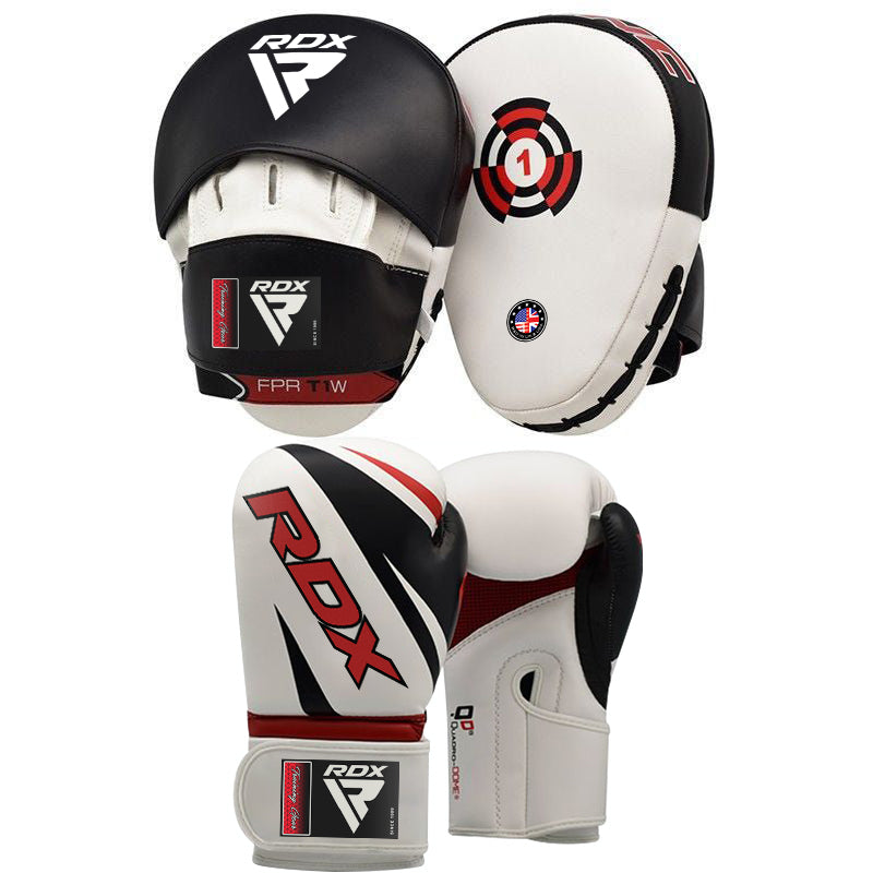 RDX 1W 16oz White Leather X Boxing Gloves & Pads Set 