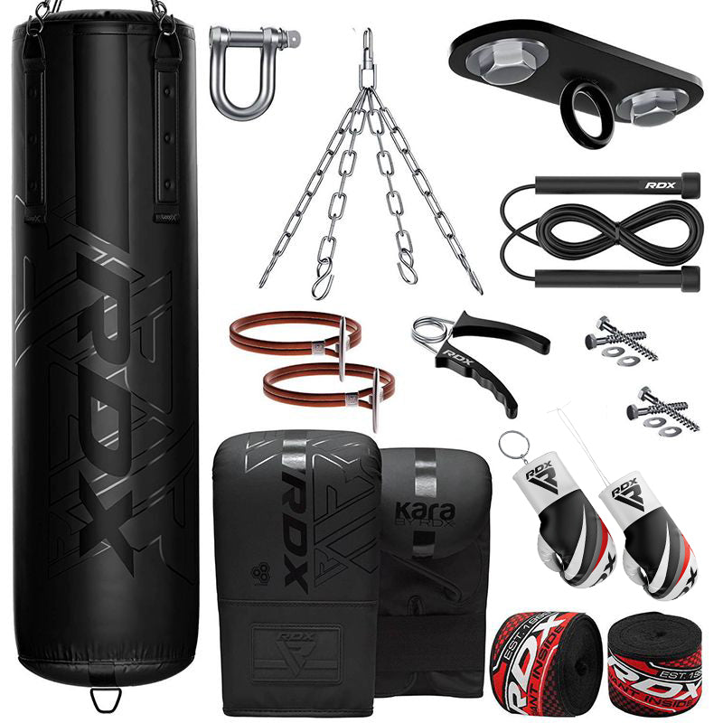 RDX F6 KARA 13pcs 4ft / 5ft Set Heavy Boxing Punch Bag & Mitts Home Gym Kit-5 ft-Black-Filled