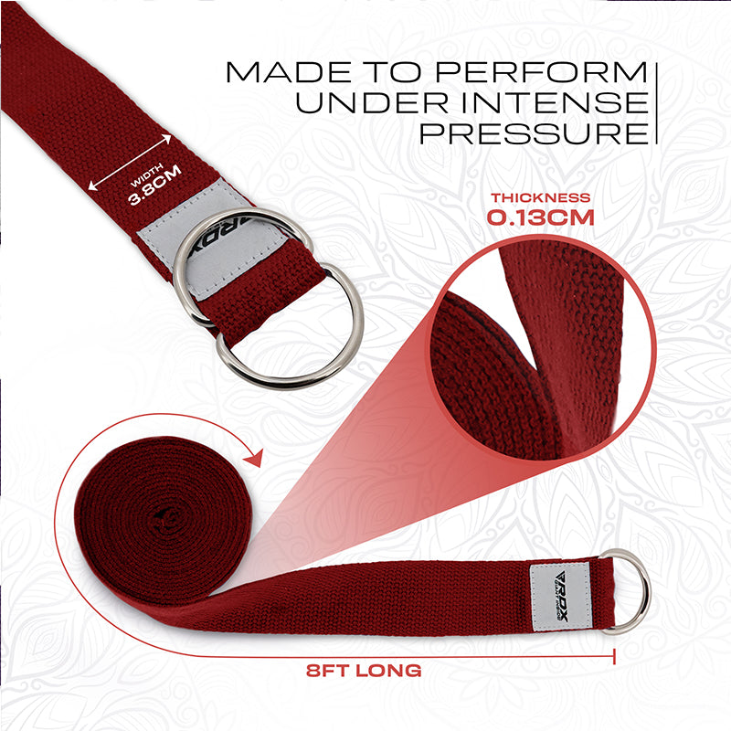 RDX P8 Non-Slip Cotton Yoga Strap with Rust Proof Steel D-Ring Buckle#color_red