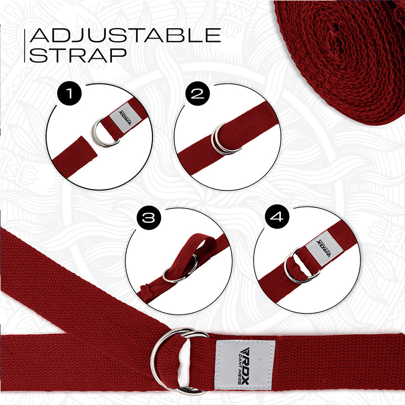 RDX P8 Non-Slip Cotton Yoga Strap with Rust Proof Steel D-Ring Buckle#color_red