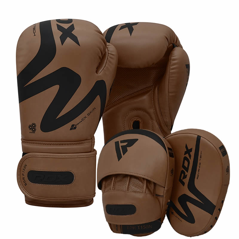 RDX T15 Boxing Gloves 16 oz & Focus Pads Set Brown/Black