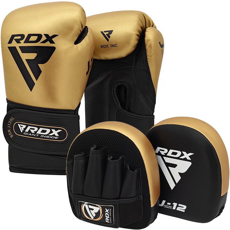 RDX J12 KIDS 6oz Boxing Gloves & Focus Pads Set#color_golden
