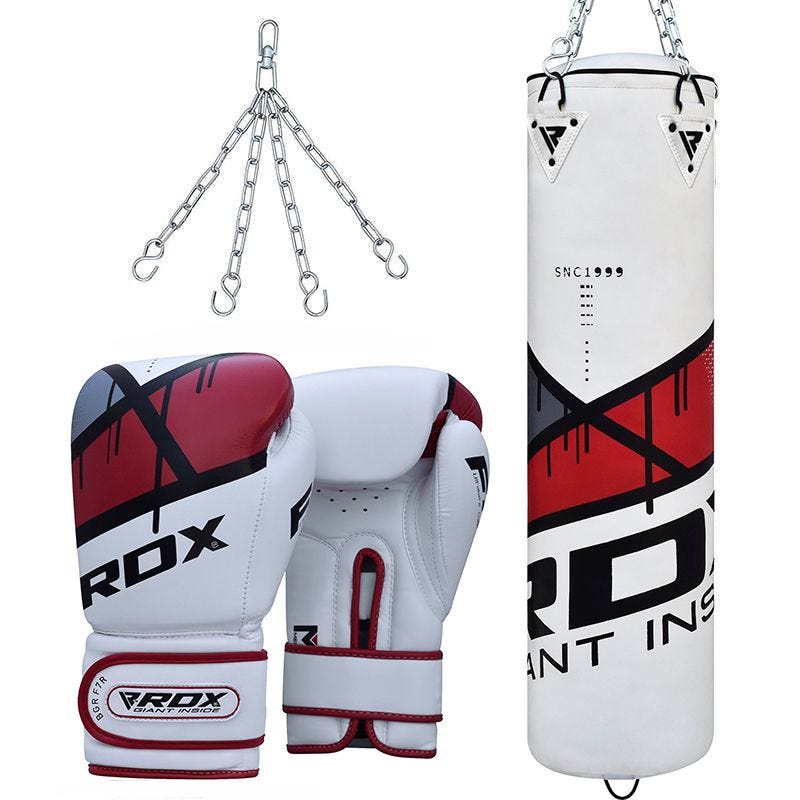 RDX F7 Ego 4ft / 5ft 3-in-1 Punch Bag with Gloves Red / White Set
