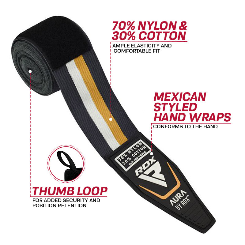 RDX T17 AURA 4.5m Pro Hand Wraps Elasticated Tape for Boxing & MMA Pearl Black/White/Golden